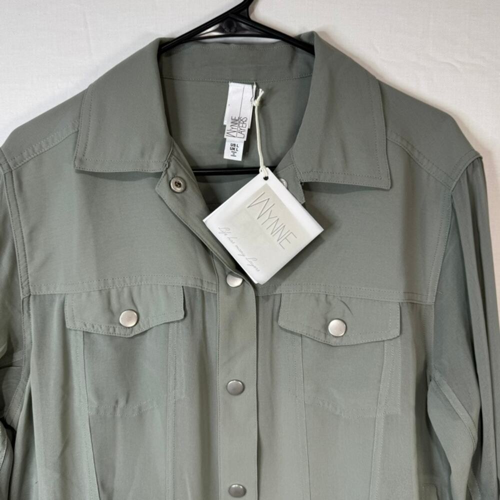 Wynne Layers Olive Green Sheer Button Up Size Large NWT